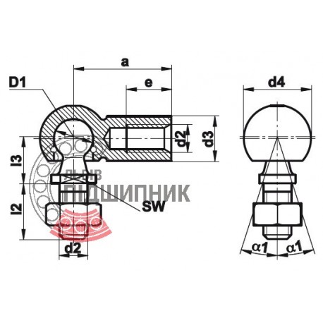 DIN71802 - C10 M6 Кутовий кульовий шарнір з різьбовим стержнем