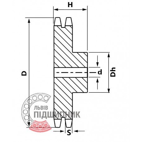 Зірочка дворядна під роликовий ланцюг 06B-2, крок 9.52мм, Z15 [SKF] - зі ступицею під розточку